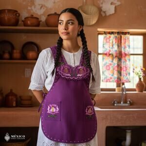 Violet Mexican Embroidered Smock Apron – Floral Traditional Design